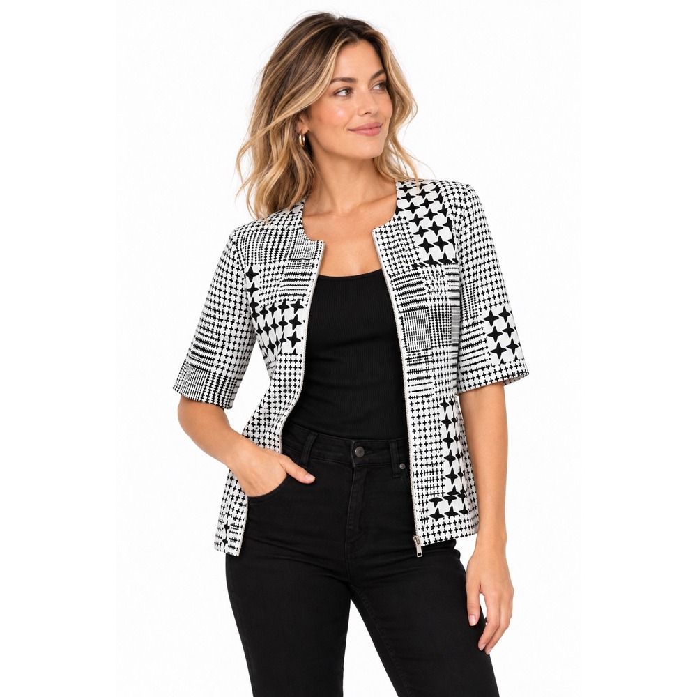 Cabi Black White Geometric Patchwork Zip Front Short Sleeve Top Size XS